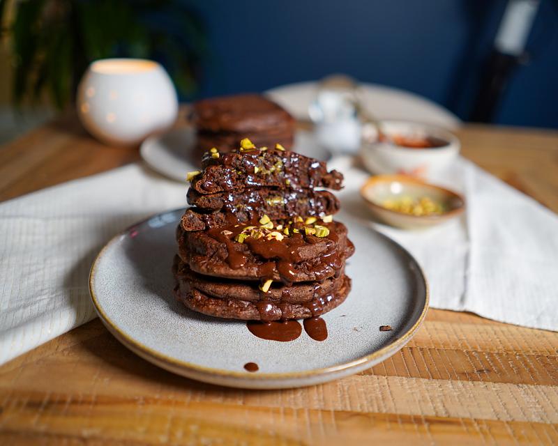 Pancakes chocolat fourrés à la pistache
