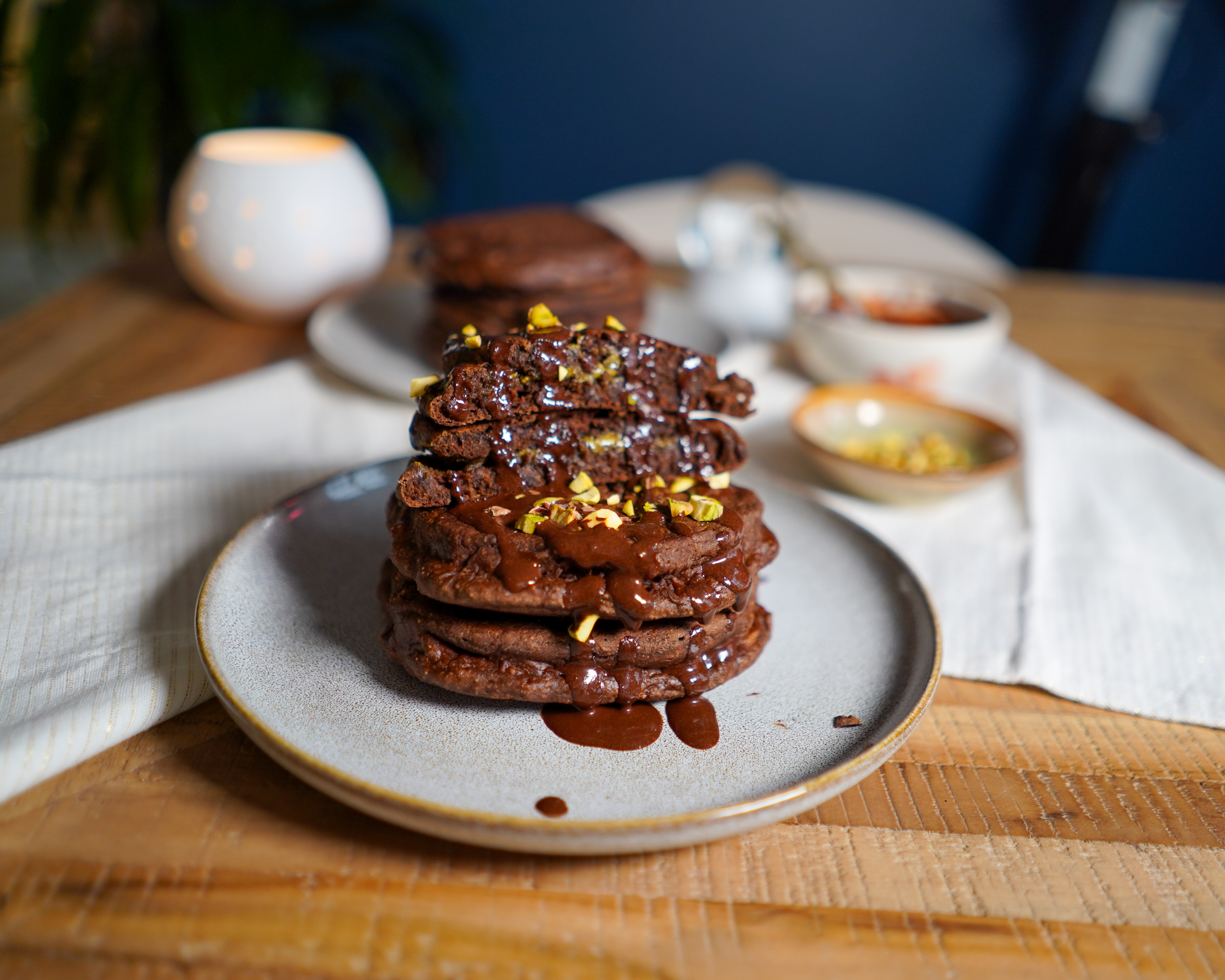 Pancakes chocolat fourrés à la pistache
